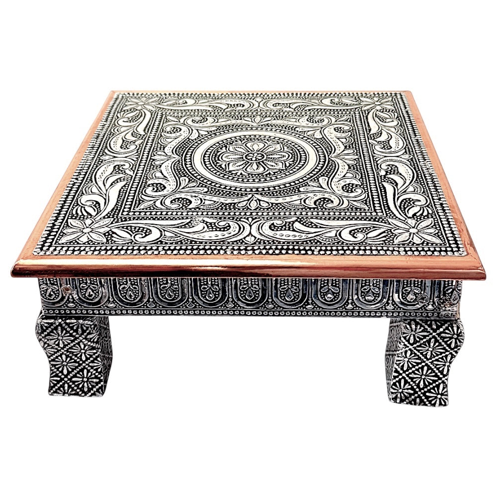 Quality Indian Goods Bajat Oxidised 10 inch square puja table with short legs, featuring intricate floral and paisley patterns.