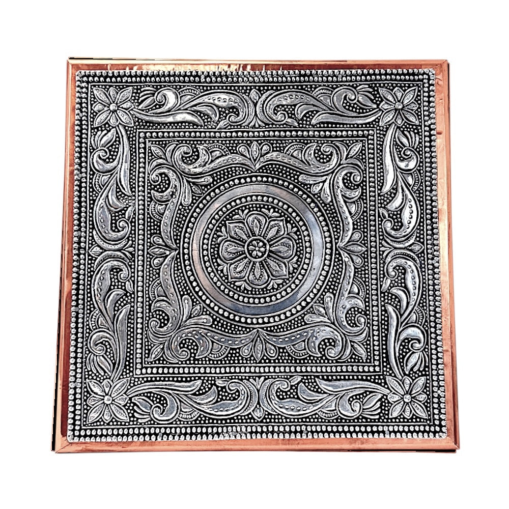 Quality Indian Goods Bajat Oxidised 10 inch square puja table with intricate floral and paisley design, copper border.