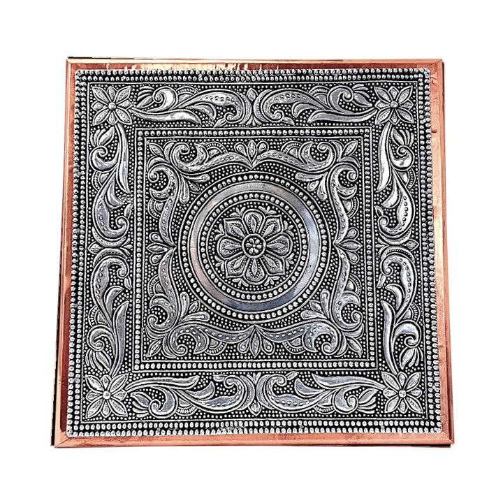 Quality Indian Goods Bajat Oxidised 10 inch square puja table with intricate floral and paisley design, copper border.