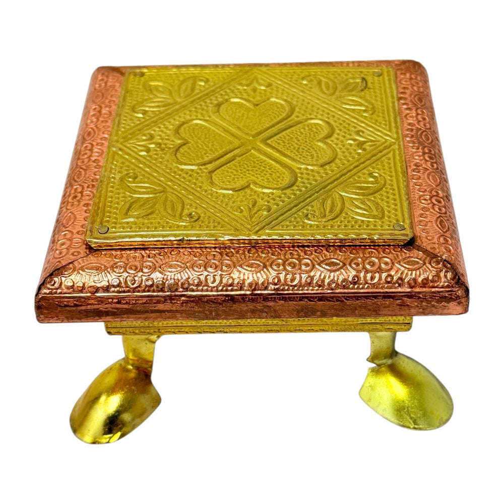 Quality Indian Goods brass and copper puja pedestal with embossed clover design and ornate border, 4x4 inches.