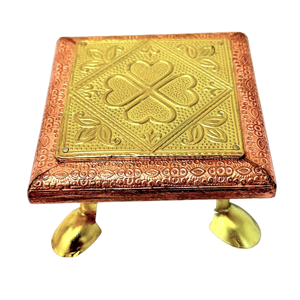 Quality Indian Goods brass and copper puja pedestal with embossed clover design and ornate border. 4x4 inches.