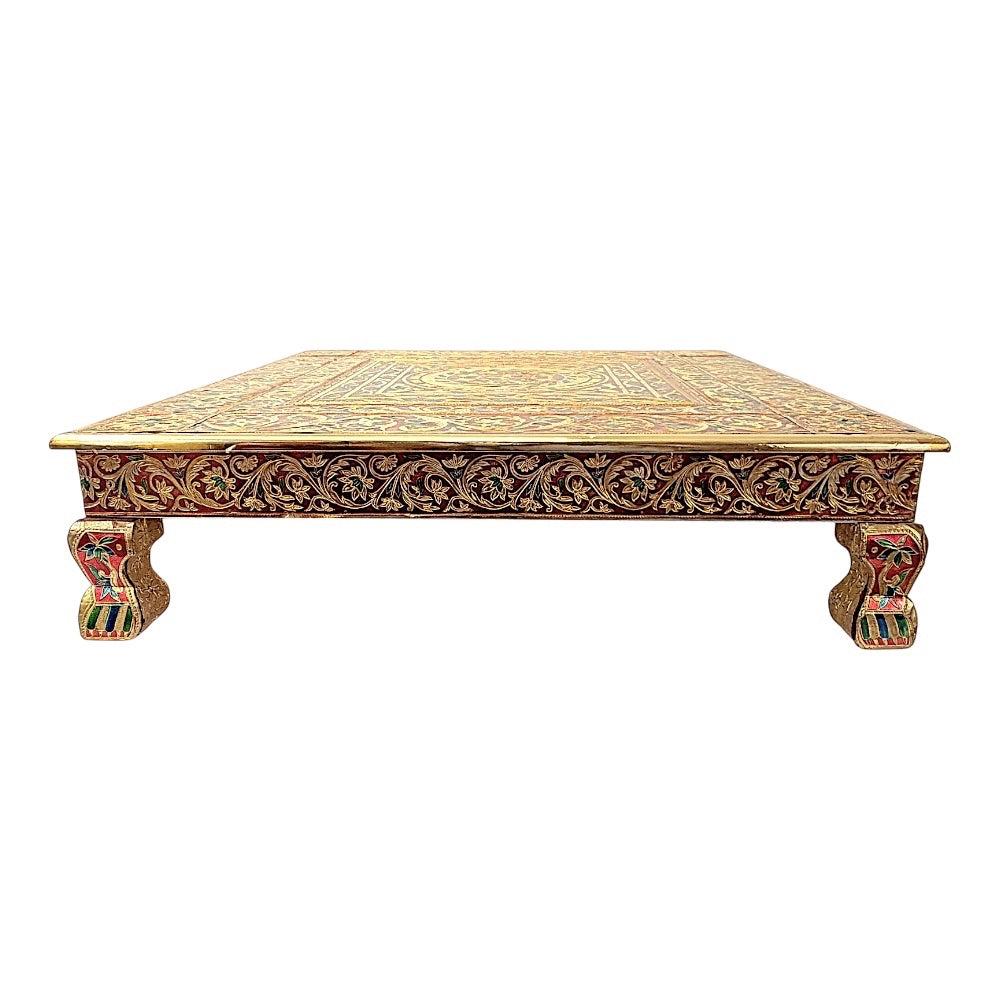 Quality Indian Goods 24-inch square brass bajat table with intricate Meena design and short legs, ideal for puja or home decor.