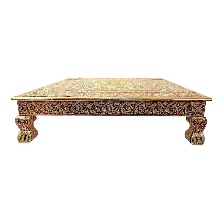 Quality Indian Goods 24-inch square brass bajat table with intricate Meena design and short legs, ideal for puja or home decor.