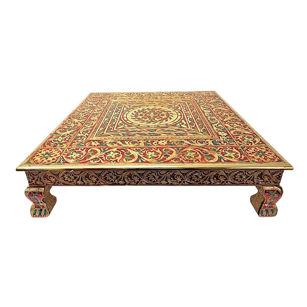Quality Indian Goods 24-inch square brass puja table with intricate Meena design and short legs.