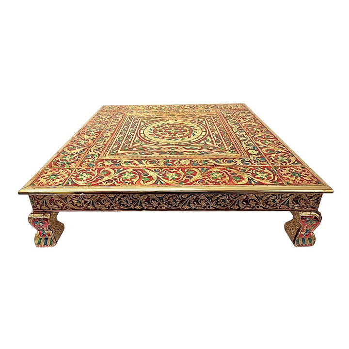 Quality Indian Goods 24-inch square brass puja table with intricate Meena design and short legs.