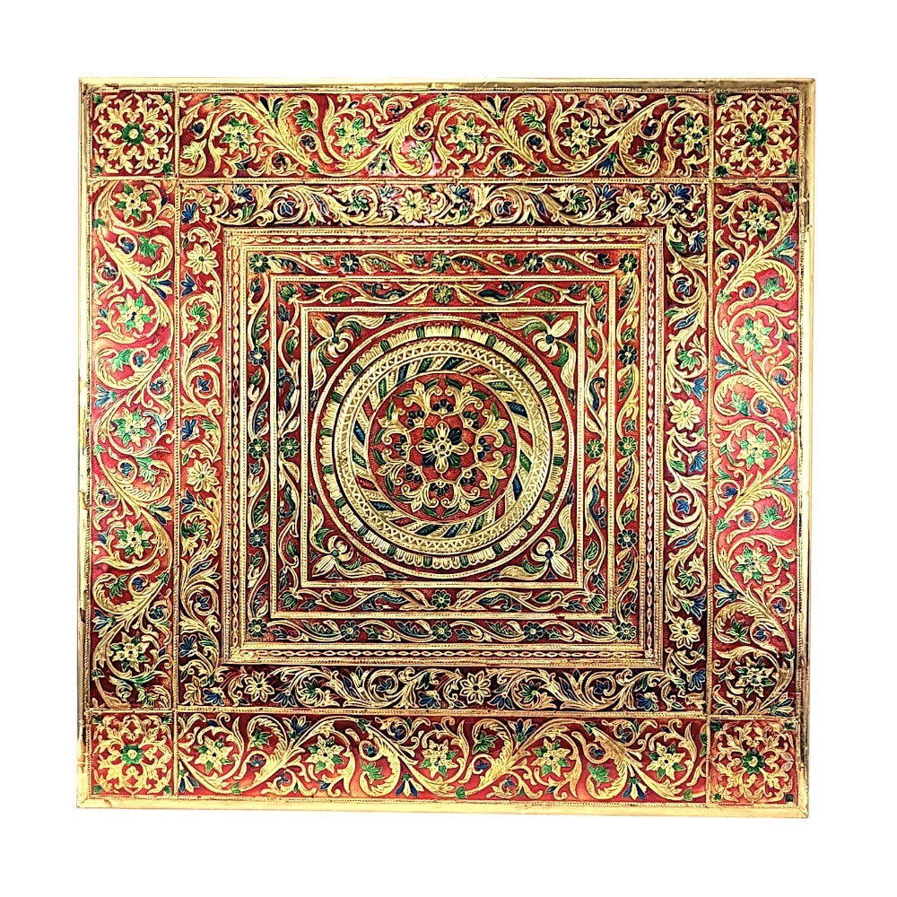 Quality Indian Goods 24-inch square brass puja table with intricate Meena design in red, gold, green, and blue.
