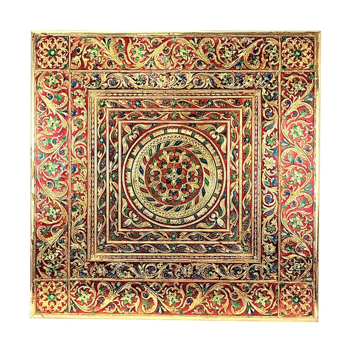 Quality Indian Goods 24-inch square brass puja table with intricate Meena design in red, gold, green, and blue.
