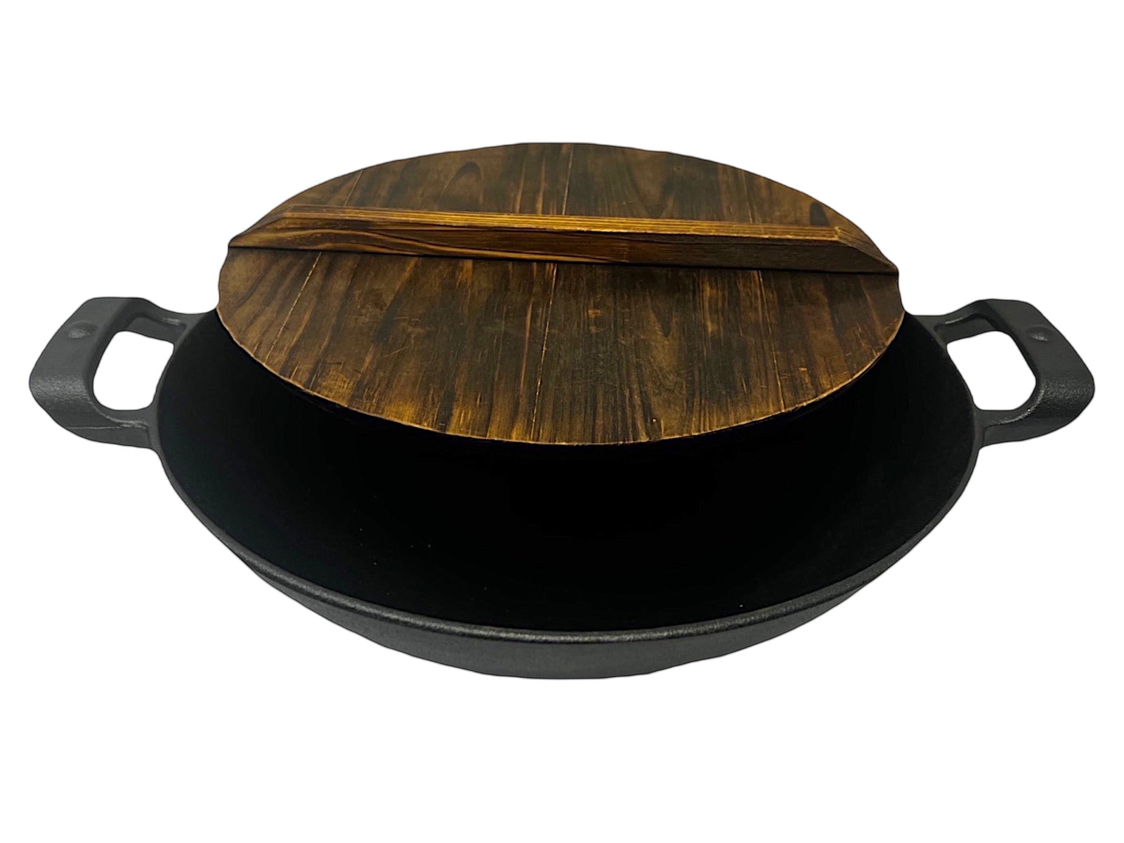 Black cast iron wok 13.25 inch, with wooden lid, ideal for stir-frying and Asian cooking.