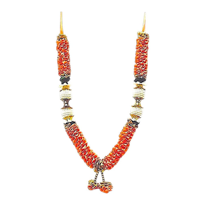 Quality Indian Goods 12 inch coral-colored ruffled garland with pearl and gold bead accents, ideal for festive decor.