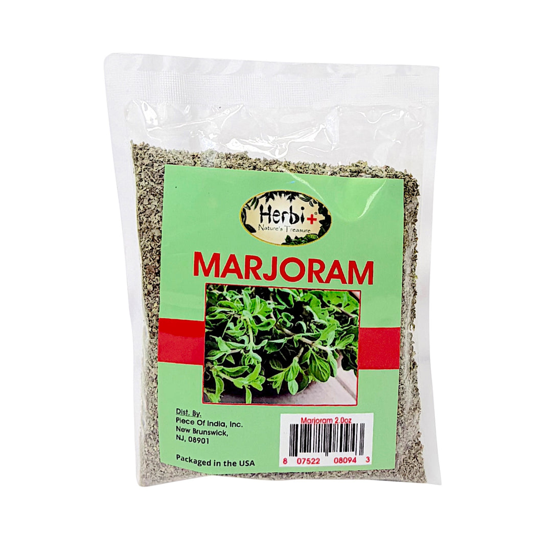 Quality Indian Goods 2 oz package of dried marjoram leaves with a green label featuring a fresh herb image.