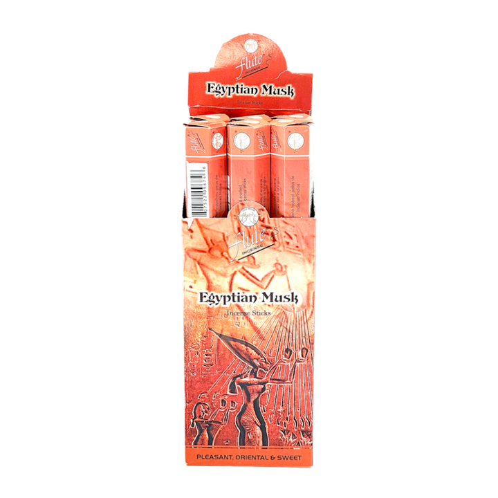 Quality Indian Goods Flute Brand Egyptian Musk incense sticks in a 6-tube display box with warm orange packaging.