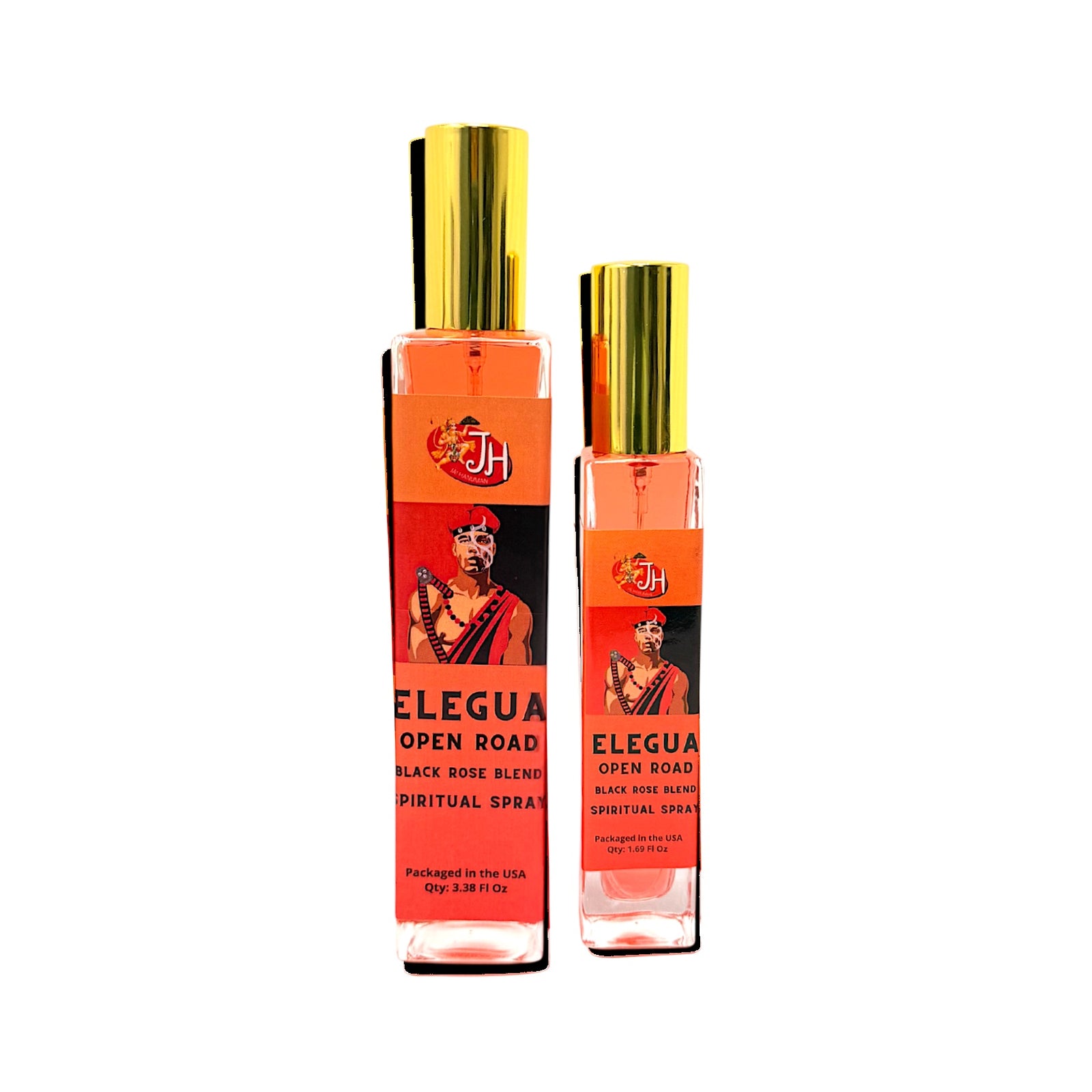 Quality Indian Goods Elegua Open Road spiritual spray attar in black rose blend with gold caps in two bottle sizes.