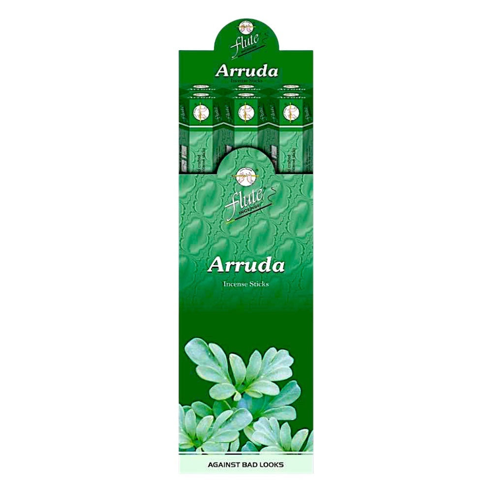 Flute Brand Arruda Incense sticks display pack, green packaging with floral embossed pattern and plant imagery.