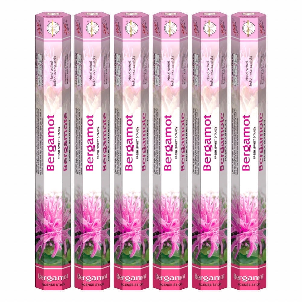 Quality Indian Goods Flute Bergamot incense sticks, 6 tubes of 20 sticks each, with a floral design.