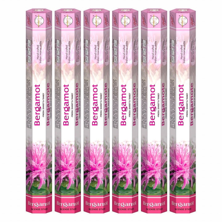 Quality Indian Goods Flute Bergamot incense sticks, 6 tubes of 20 sticks each, with a floral design.