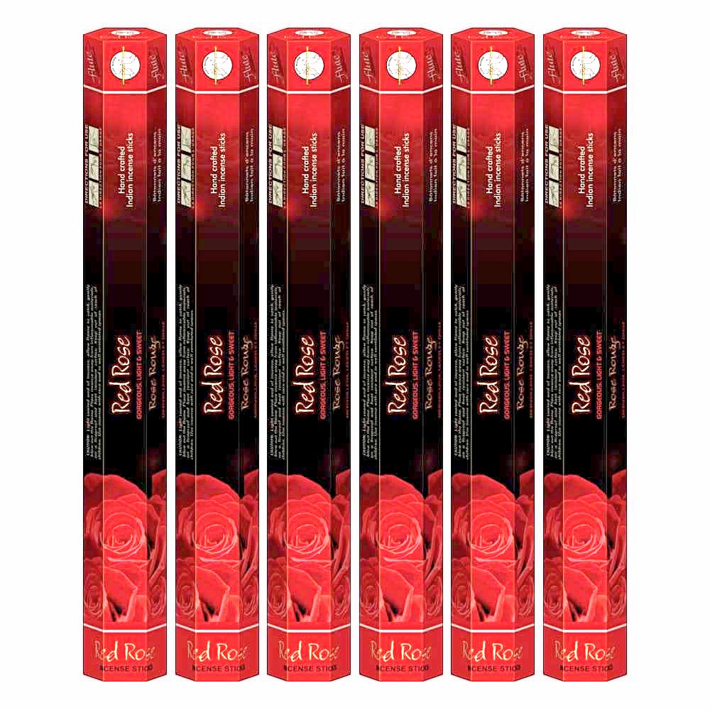 Quality Indian Goods Flute Brand Red Rose incense sticks, 6 tubes of 20 sticks each, with a romantic floral fragrance.
