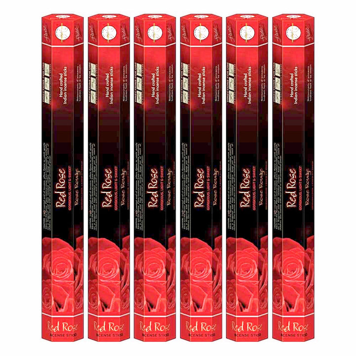 Quality Indian Goods Flute Brand Red Rose incense sticks, 6 tubes of 20 sticks each, with a romantic floral fragrance.