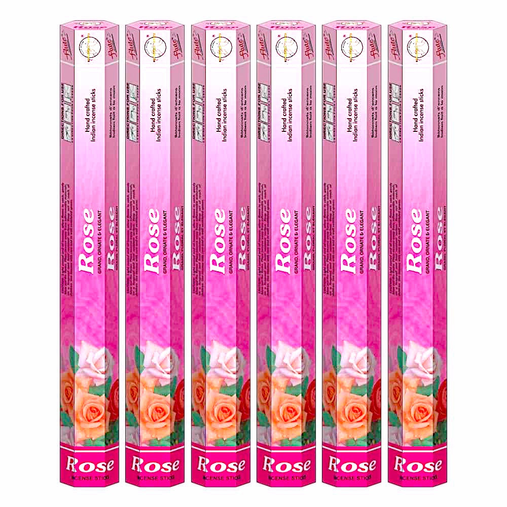 Flute Brand Rose Incense sticks in pink hexagonal packaging featuring rose illustrations. Pack of 6 tubes, 20 sticks each.