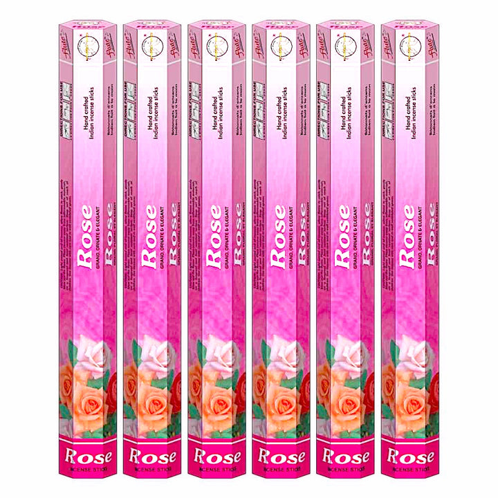 Flute Brand Rose Incense sticks in pink hexagonal packaging featuring rose illustrations. Pack of 6 tubes, 20 sticks each.