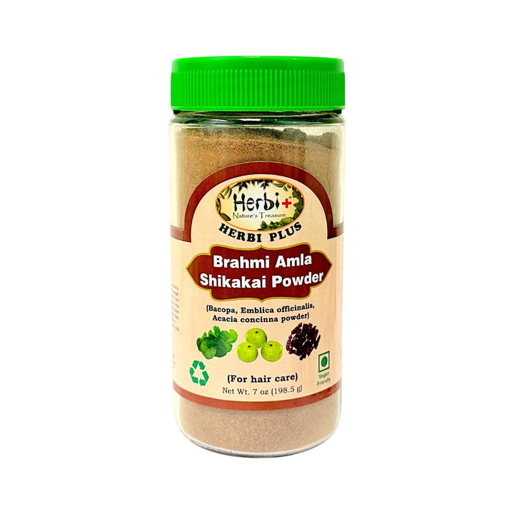 Quality Indian Goods Herbi Plus Brahmi Amla Shikakai Powder for hair care, 7 oz jar.