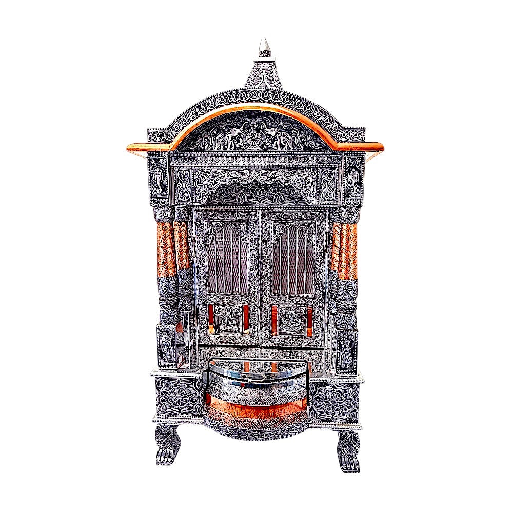 Quality Indian Goods 18-inch oxadized mandir with intricate carvings and copper accents. Ideal for puja rooms.