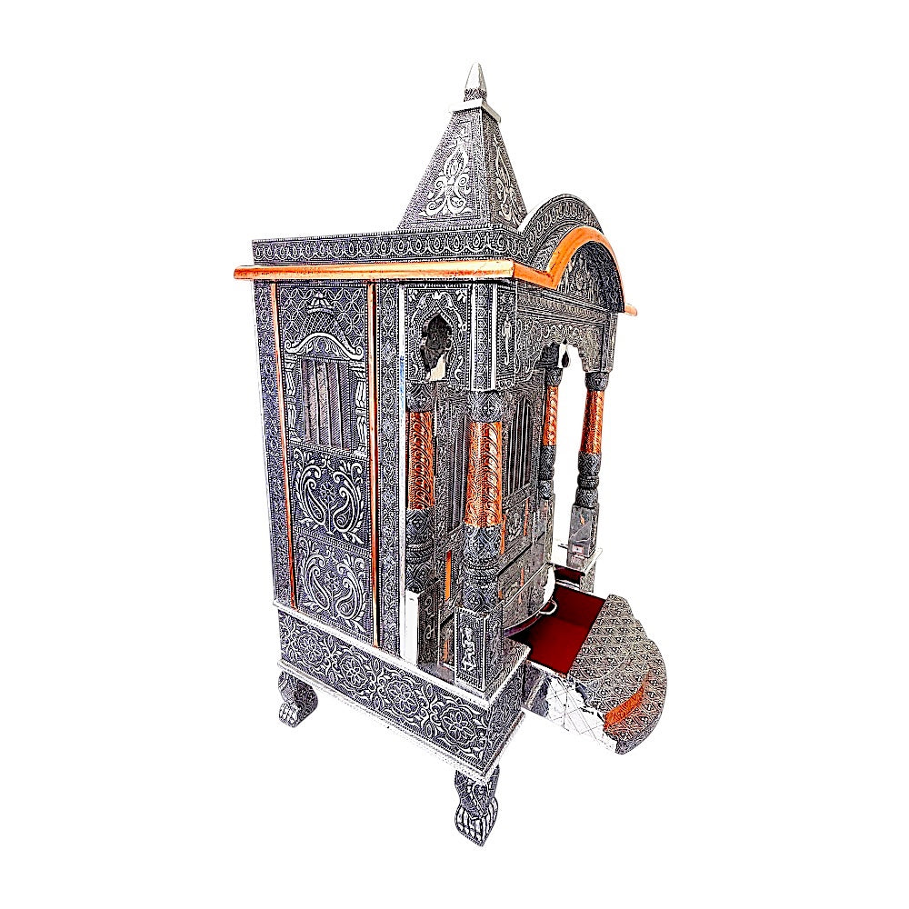 Quality Indian Goods 18-inch oxadized mandir with intricate silver detailing and copper accents. Features a tiered roof and decorative pillars.