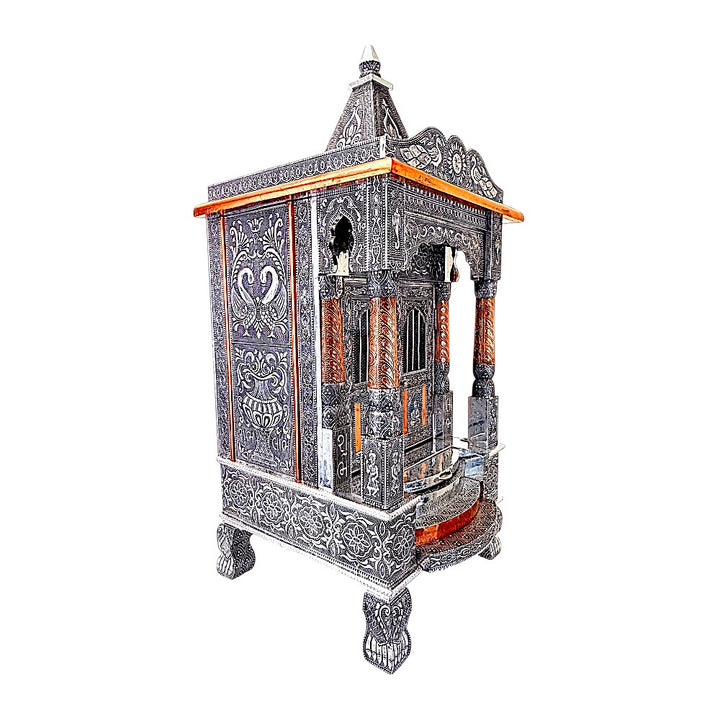 Quality Indian Goods 18-inch oxadized mandir with intricate peacock and floral carvings, copper accents.