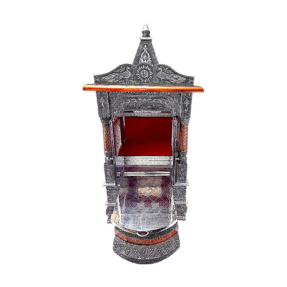 Quality Indian Goods 18 inch oxidized silver mandir with red interior and intricate carvings. Ideal for puja rooms.