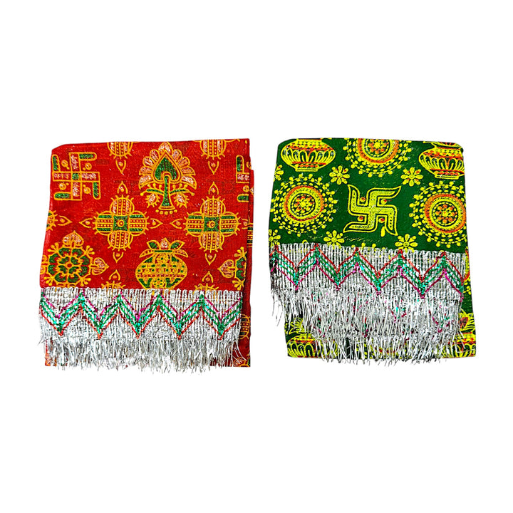 Quality Indian Goods red and green printed Mata Chunni, 36x40 inches, with silver fringe and traditional motifs like Swastika.