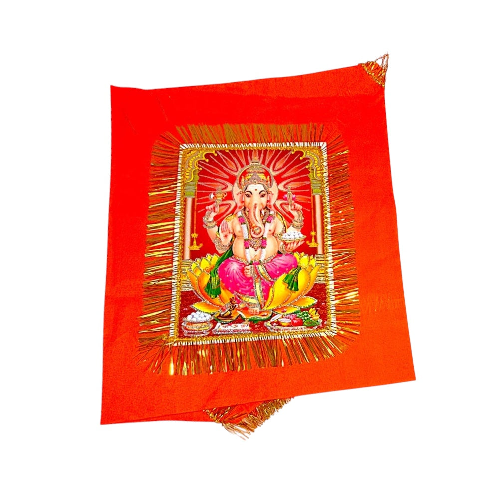 Quality Indian Goods orange Ganesh jhandi prayer flag with gold fringe and Lord Ganesha print for mandir decor