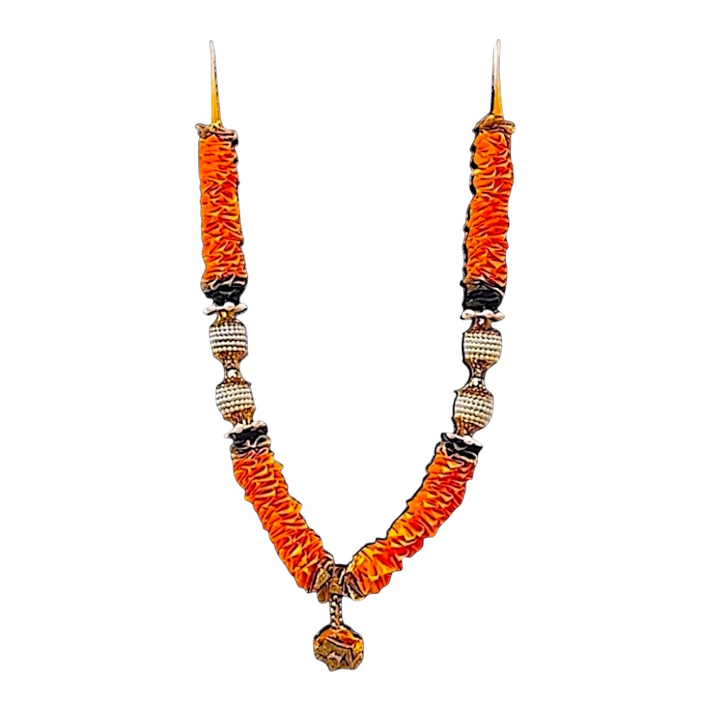Quality Indian Goods 12 inch orange garland with gold stops, pearls, and ruffles