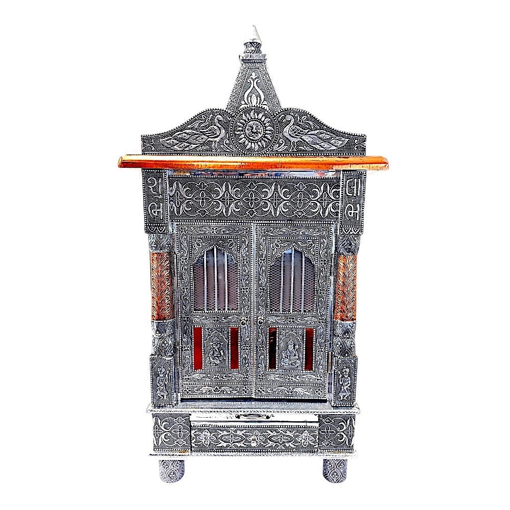 Quality Indian Goods 15-inch oxadised temple with intricate carvings and copper accents. Features double doors and a drawer.