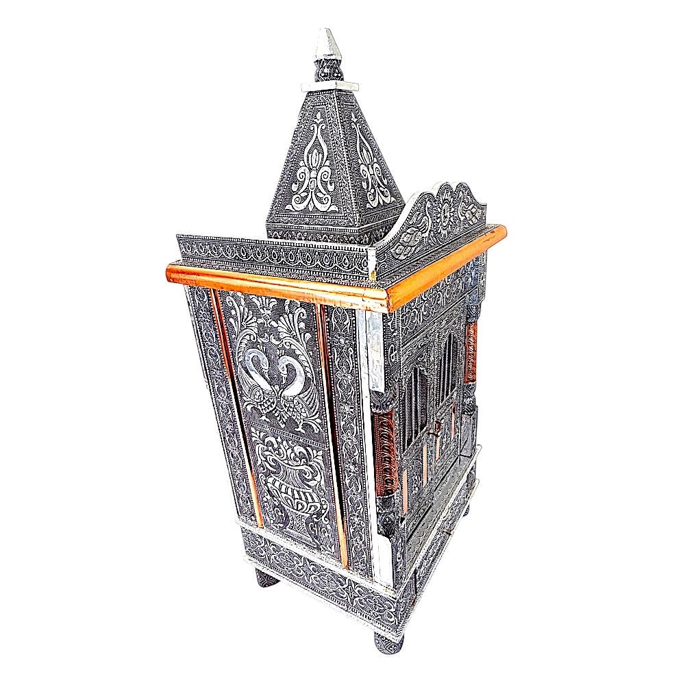 Quality Indian Goods 15 inch oxadised temple with intricate peacock and floral carvings, copper accents, and traditional Indian design.