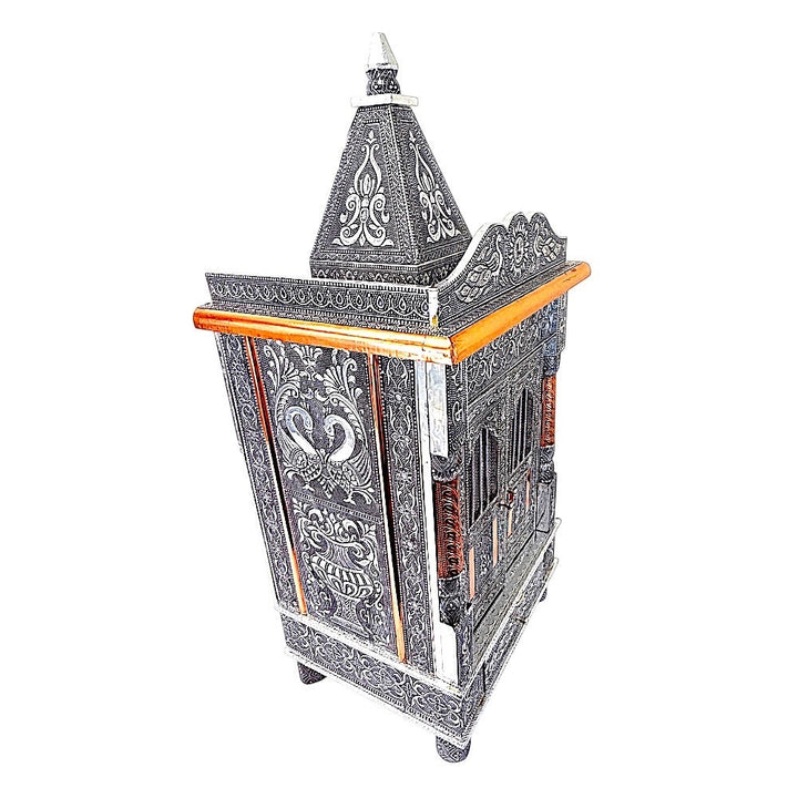 Quality Indian Goods 15 inch oxadised temple with intricate peacock and floral carvings, copper accents, and traditional Indian design.
