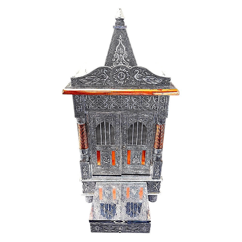 Quality Indian Goods 15 inch oxadised temple with intricate carvings and copper accents, suitable for home puja rooms.