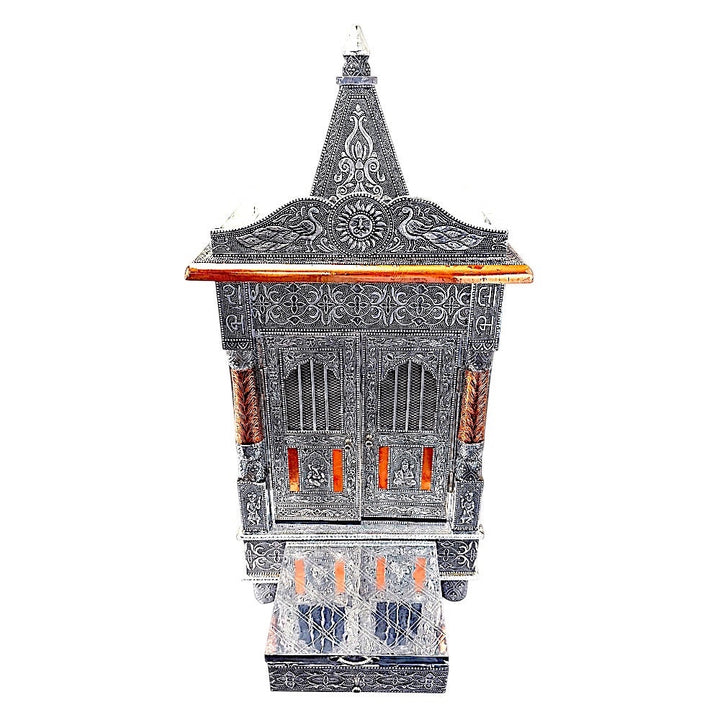 Quality Indian Goods 15 inch oxadised temple with intricate carvings and copper accents, suitable for home puja rooms.
