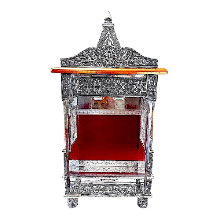 Quality Indian Goods 15-inch oxadised temple with intricate peacock and sun motifs, red velvet interior.