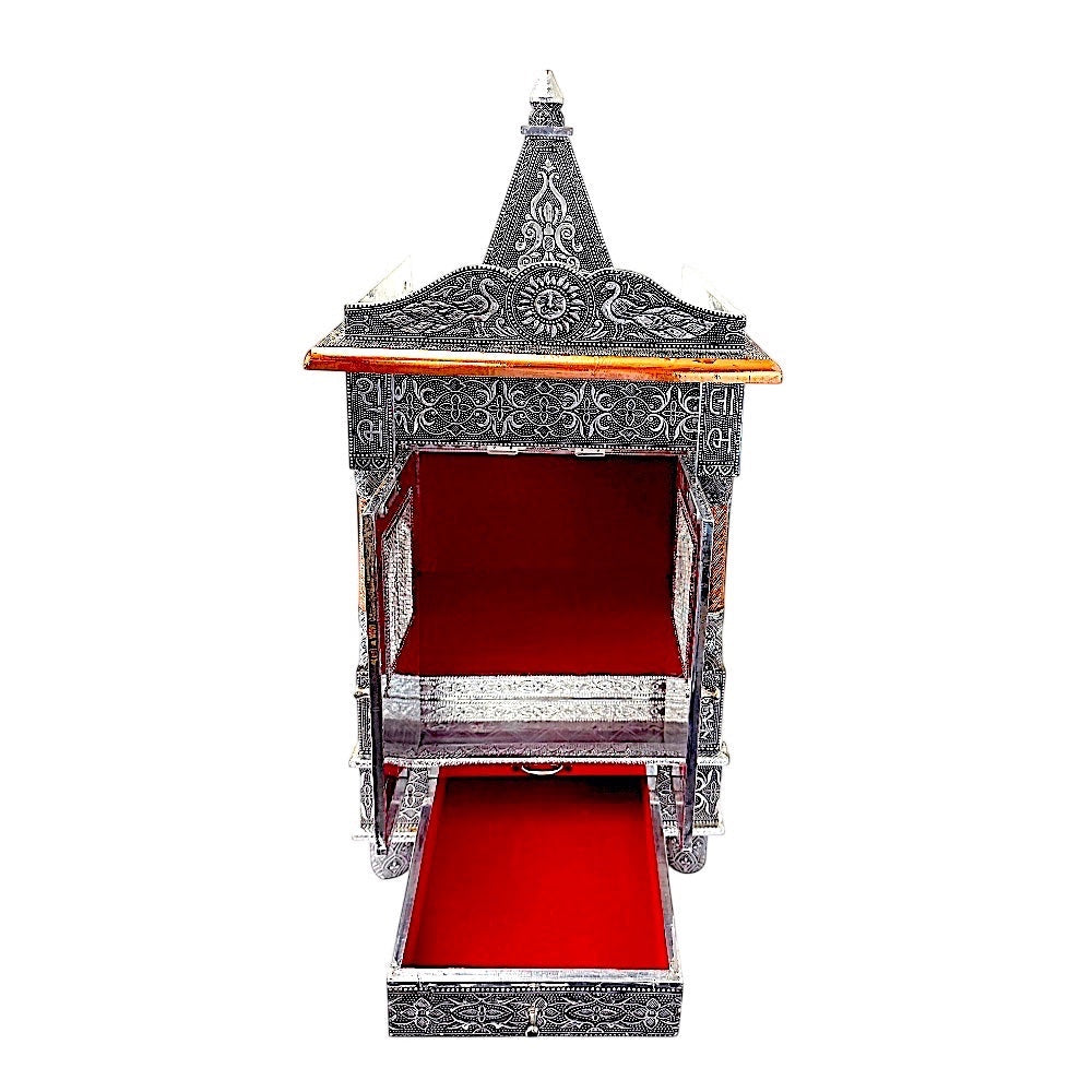 Quality Indian Goods 15-inch oxadised temple with intricate carvings and red velvet lining. Features a pull-out drawer.