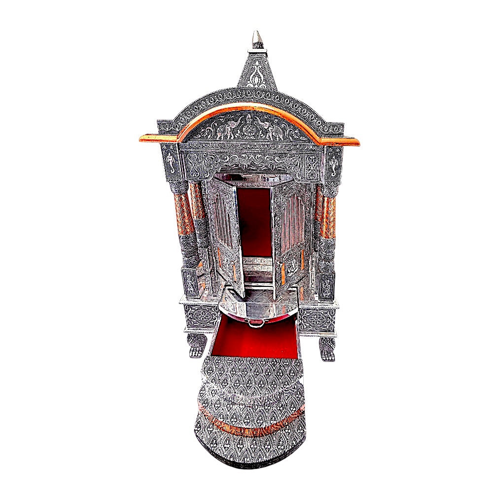 Quality Indian Goods 18 inch oxadized mandir with intricate carvings and red velvet interior. Features a pull-out drawer.