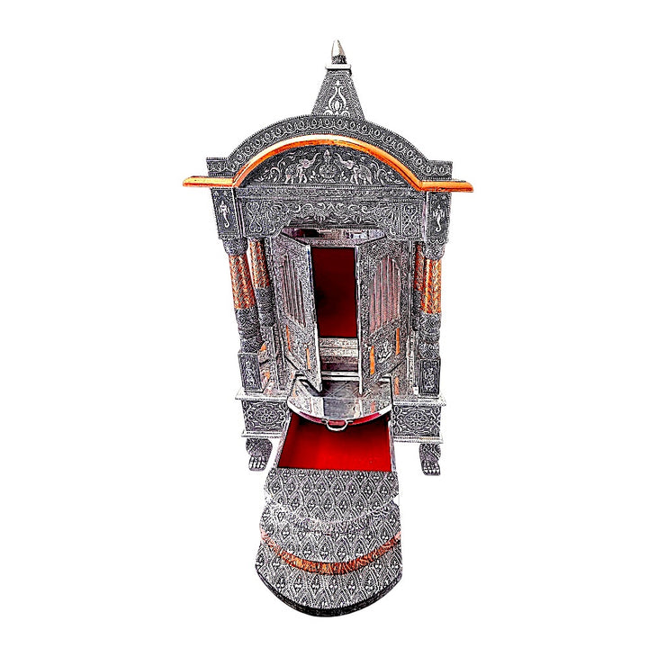 Quality Indian Goods 18 inch oxadized mandir with intricate carvings and red velvet interior. Features a pull-out drawer.