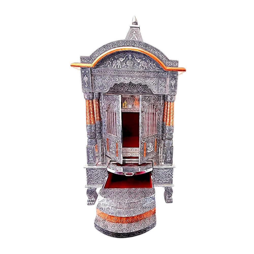 Quality Indian Goods 18-inch oxadized mandir with intricate carvings and copper accents. Features double doors and a red-lined drawer.