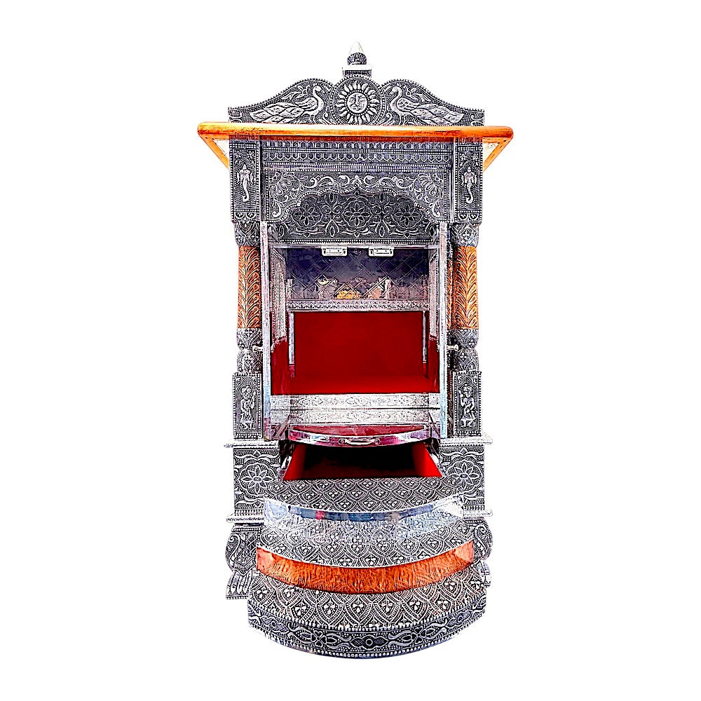 Quality Indian Goods 18 inch oxadized mandir with intricate carvings and red velvet interior. Ideal for home temples.
