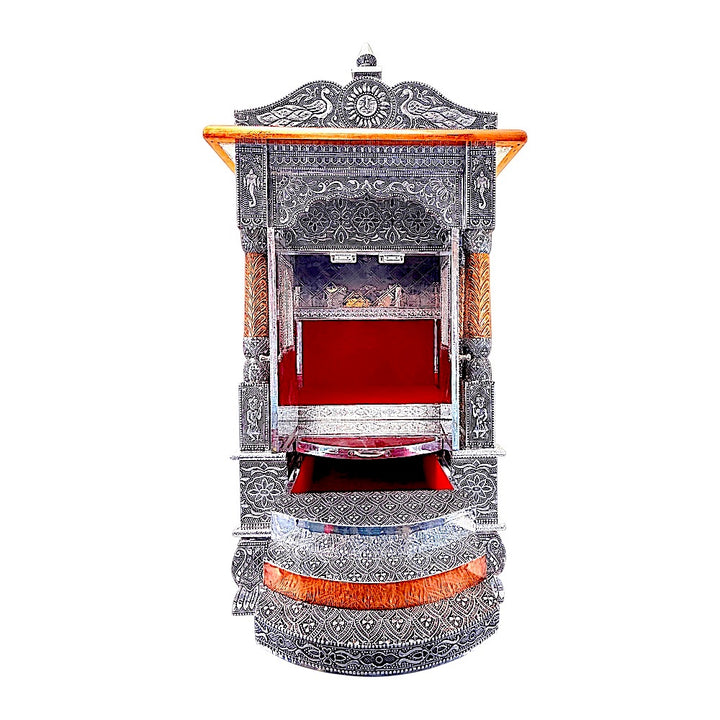 Quality Indian Goods 18 inch oxadized mandir with intricate carvings and red velvet interior. Ideal for home temples.