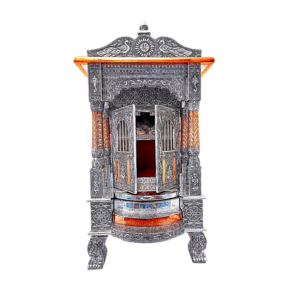Quality Indian Goods 18 inch oxadized mandir with intricate silver detailing and copper accents. Features double doors and ornate legs.