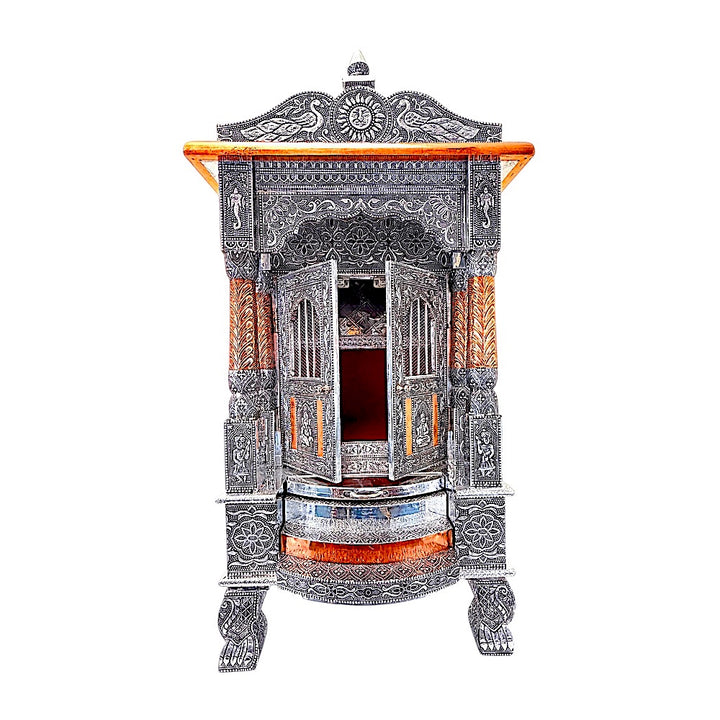 Quality Indian Goods 18 inch oxadized mandir with intricate silver detailing and copper accents. Features double doors and ornate legs.