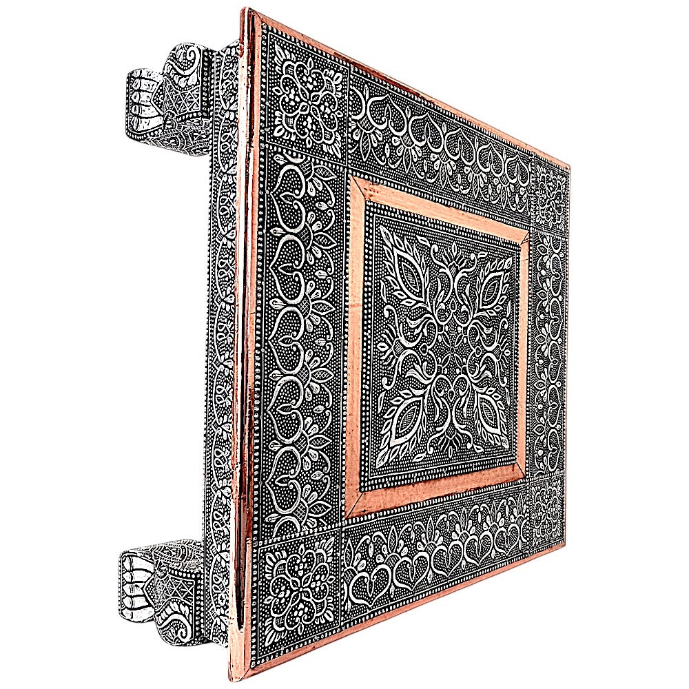 Quality Indian Goods 15in square oxidized baja table with short legs, intricate floral patterns and copper accents.