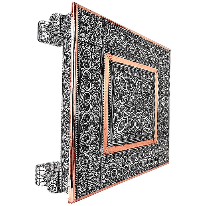 Quality Indian Goods 15in square oxidized baja table with short legs, intricate floral patterns and copper accents.