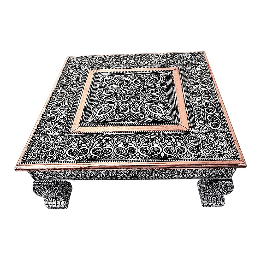 Quality Indian Goods 15in oxidized square bajat table with short legs, intricate floral patterns, and copper accents.