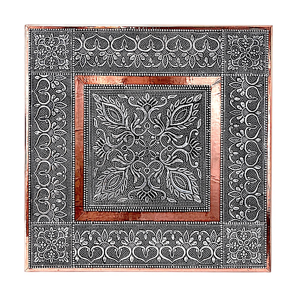 Quality Indian Goods 15in oxidized copper square puja table with intricate floral embossed design.