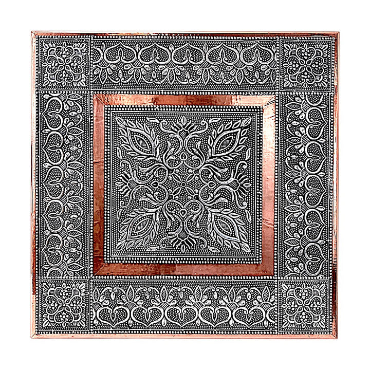 Quality Indian Goods 15in oxidized copper square puja table with intricate floral embossed design.
